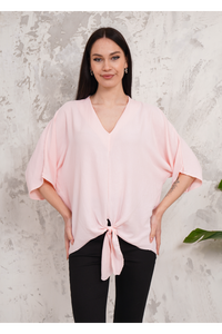 Oversized V Neck Tie Front Detailed Blouse with 3/4 Sleeves in Pink