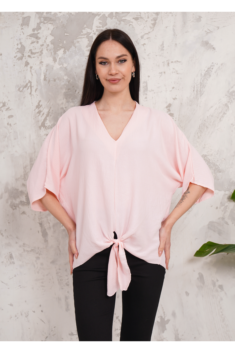 Oversized V Neck Tie Front Detailed Blouse with 3/4 Sleeves in Pink
