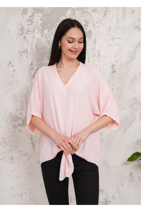 Oversized V Neck Tie Front Detailed Blouse with 3/4 Sleeves in Pink