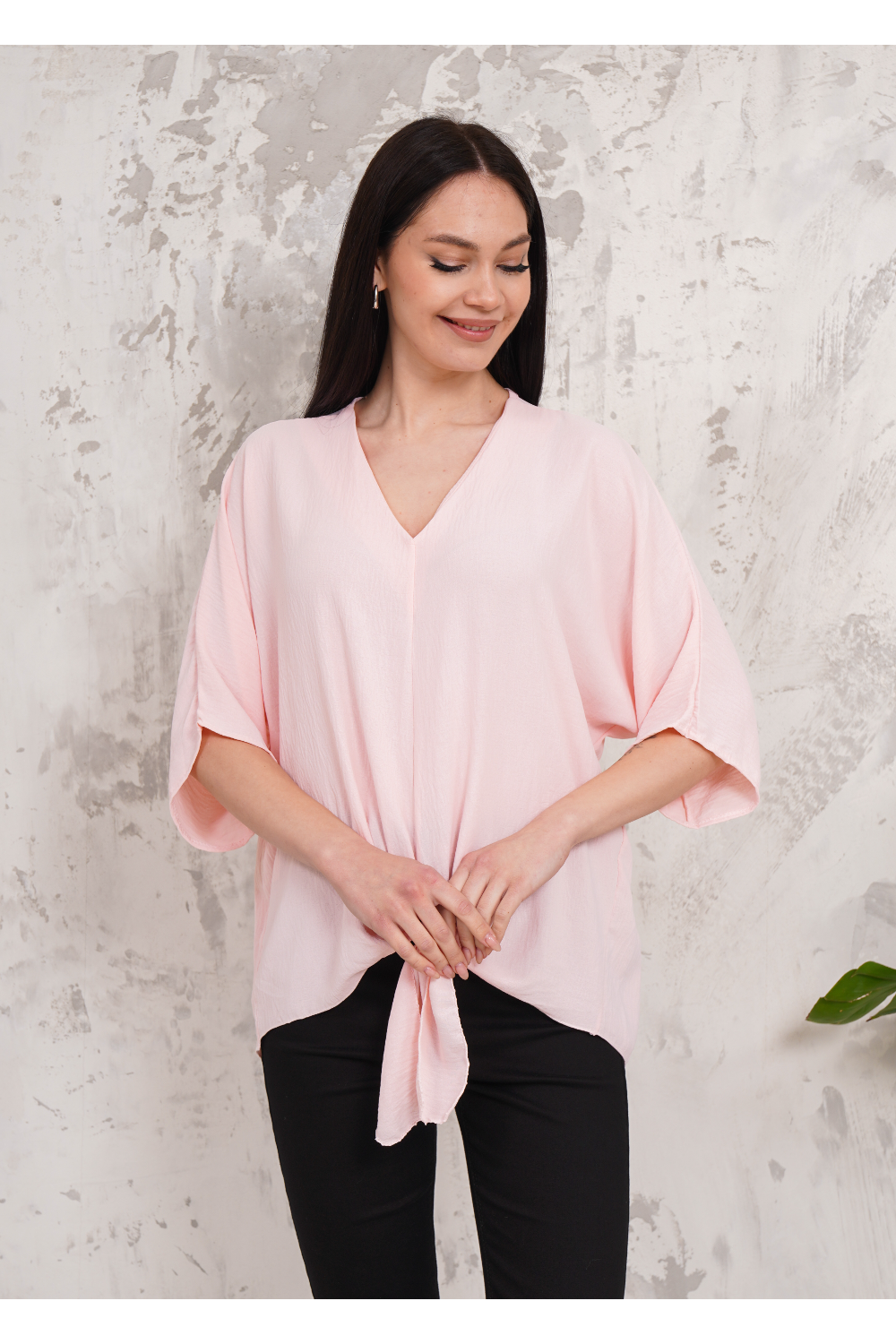 Oversized V Neck Tie Front Detailed Blouse with 3/4 Sleeves in Pink