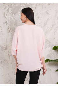 Oversized V Neck Tie Front Detailed Blouse with 3/4 Sleeves in Pink