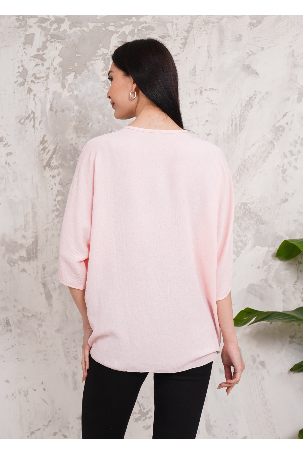 Oversized V Neck Tie Front Detailed Blouse with 3/4 Sleeves in Pink