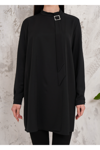 Relaxed Fit Long Sleeves Brooch Detailed Tunic in Black