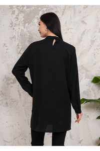 Relaxed Fit Long Sleeves Brooch Detailed Tunic in Black