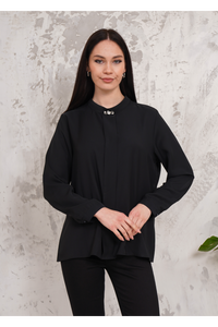 Relaxed Fit Long Sleeves Brooch Detailed Blouse in Black