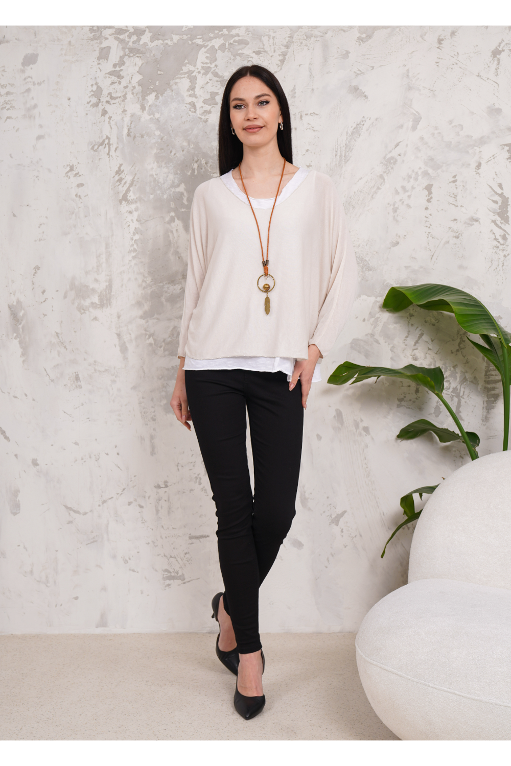 Oversized Long Sleeves Double Layered Top in Beige