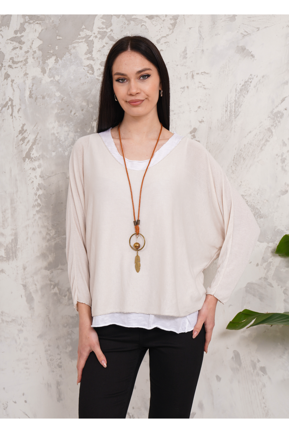 Oversized Long Sleeves Double Layered Top in Beige