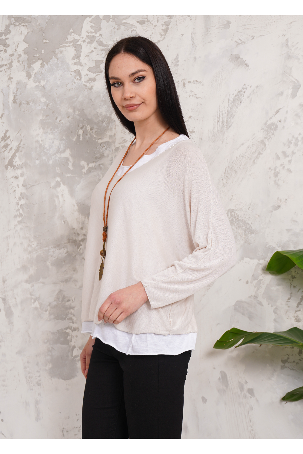 Oversized Long Sleeves Double Layered Top in Beige