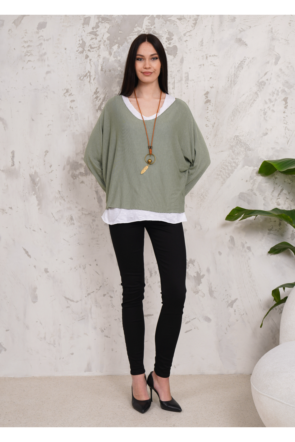 Oversized Long Sleeves Double Layered Top in Green