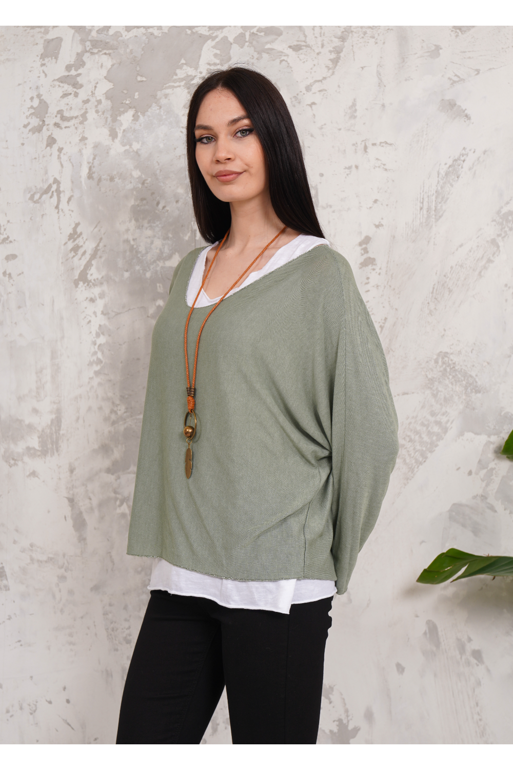Oversized Long Sleeves Double Layered Top in Green