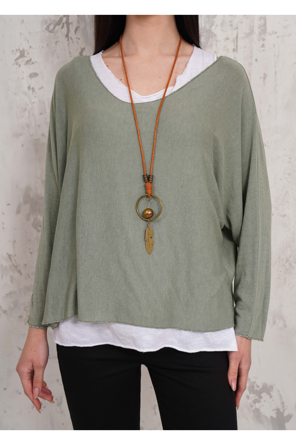 Oversized Long Sleeves Double Layered Top in Green