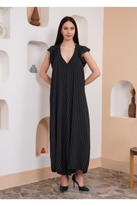 Oversized V Neck Stripe Printed Jumpsuit with Frill Details in Black