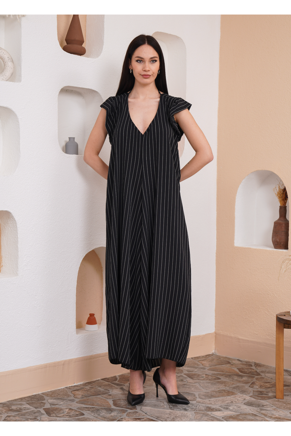 Oversized V Neck Stripe Printed Jumpsuit with Frill Details in Black