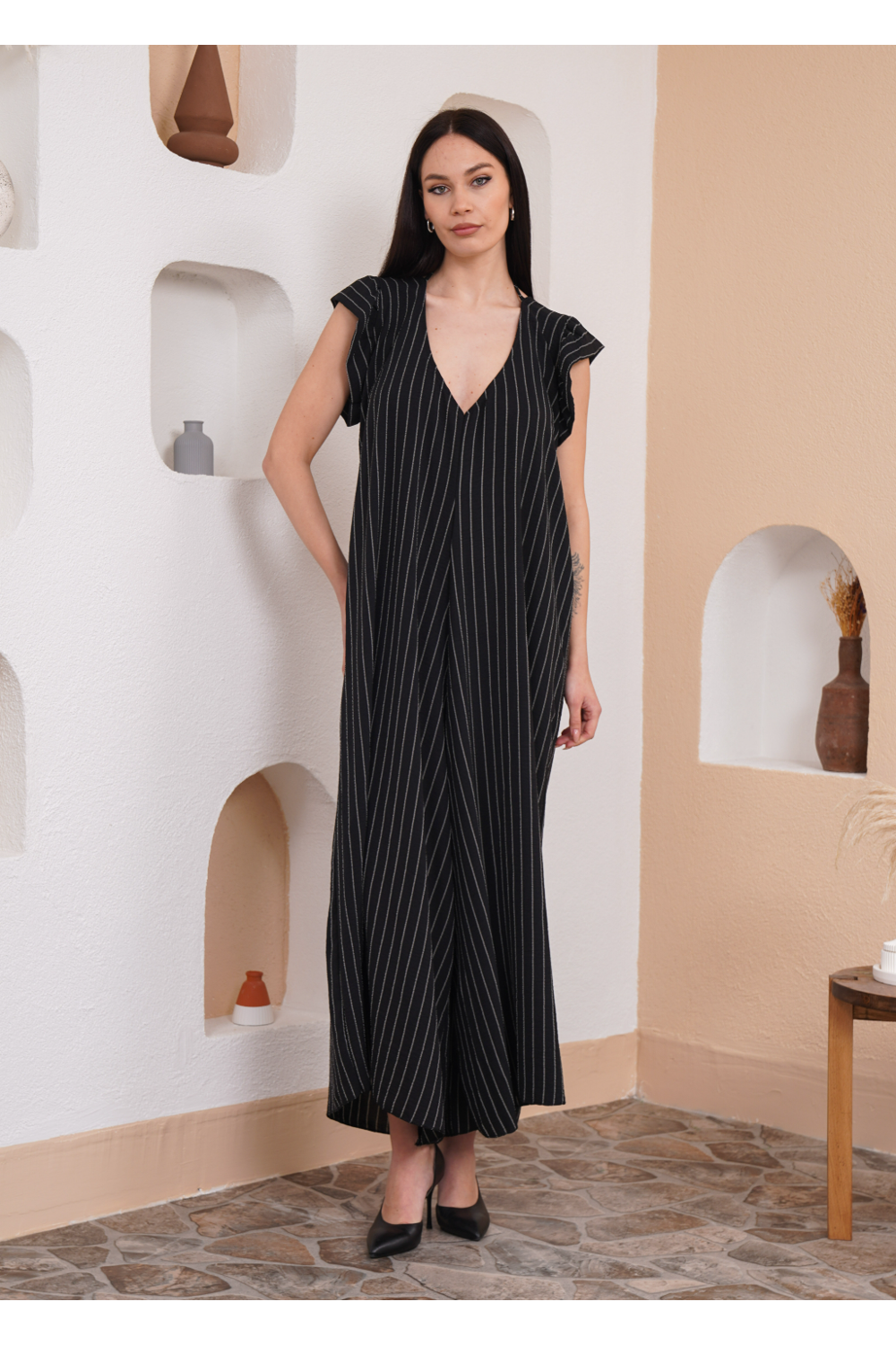 Oversized V Neck Stripe Printed Jumpsuit with Frill Details in Black