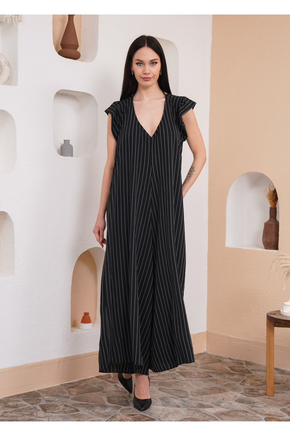 Oversized V Neck Stripe Printed Jumpsuit with Frill Details in Black