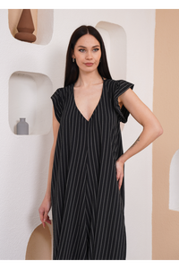 Oversized V Neck Stripe Printed Jumpsuit with Frill Details in Black