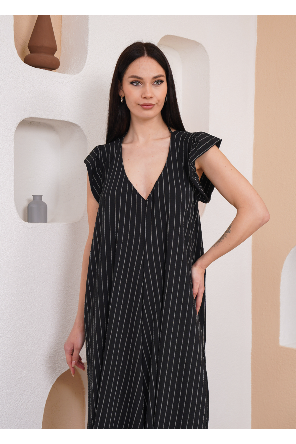 Oversized V Neck Stripe Printed Jumpsuit with Frill Details in Black
