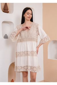 Relaxed Fit 3/4 Sleeves Lace Detailed V Neck Mini Dress in Beige