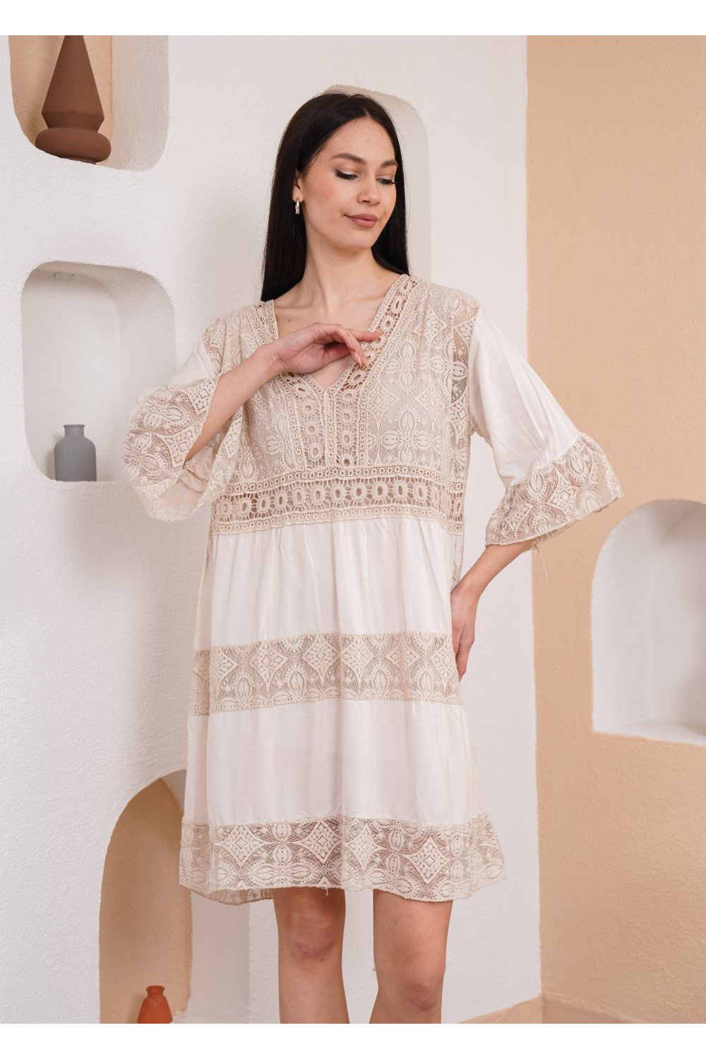 Relaxed Fit 3/4 Sleeves Lace Detailed V Neck Mini Dress in Beige
