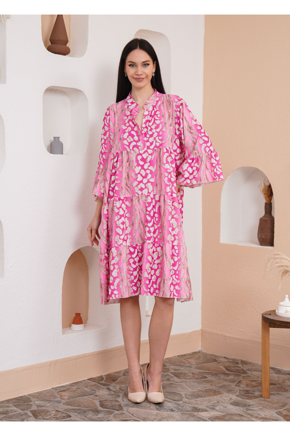 Oversized 3/4 Sleeves Leopard Printed Smock Dress in Pink
