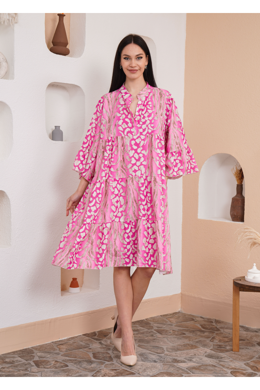 Oversized 3/4 Sleeves Leopard Printed Smock Dress in Pink