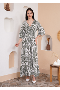 Oversized V Neck Shirred Waist Floral Print Maxi Dress in Khaki