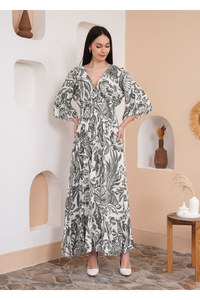 Oversized V Neck Shirred Waist Floral Print Maxi Dress in Khaki