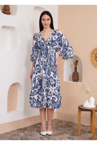 Oversized V Neck Shirred Waist Floral Print Midi Dress in Navy