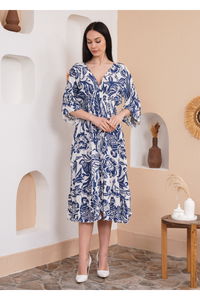 Oversized V Neck Shirred Waist Floral Print Midi Dress in Navy