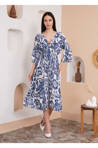Oversized V Neck Shirred Waist Floral Print Midi Dress in Navy