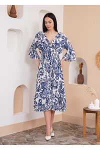 Oversized V Neck Shirred Waist Floral Print Midi Dress in Navy