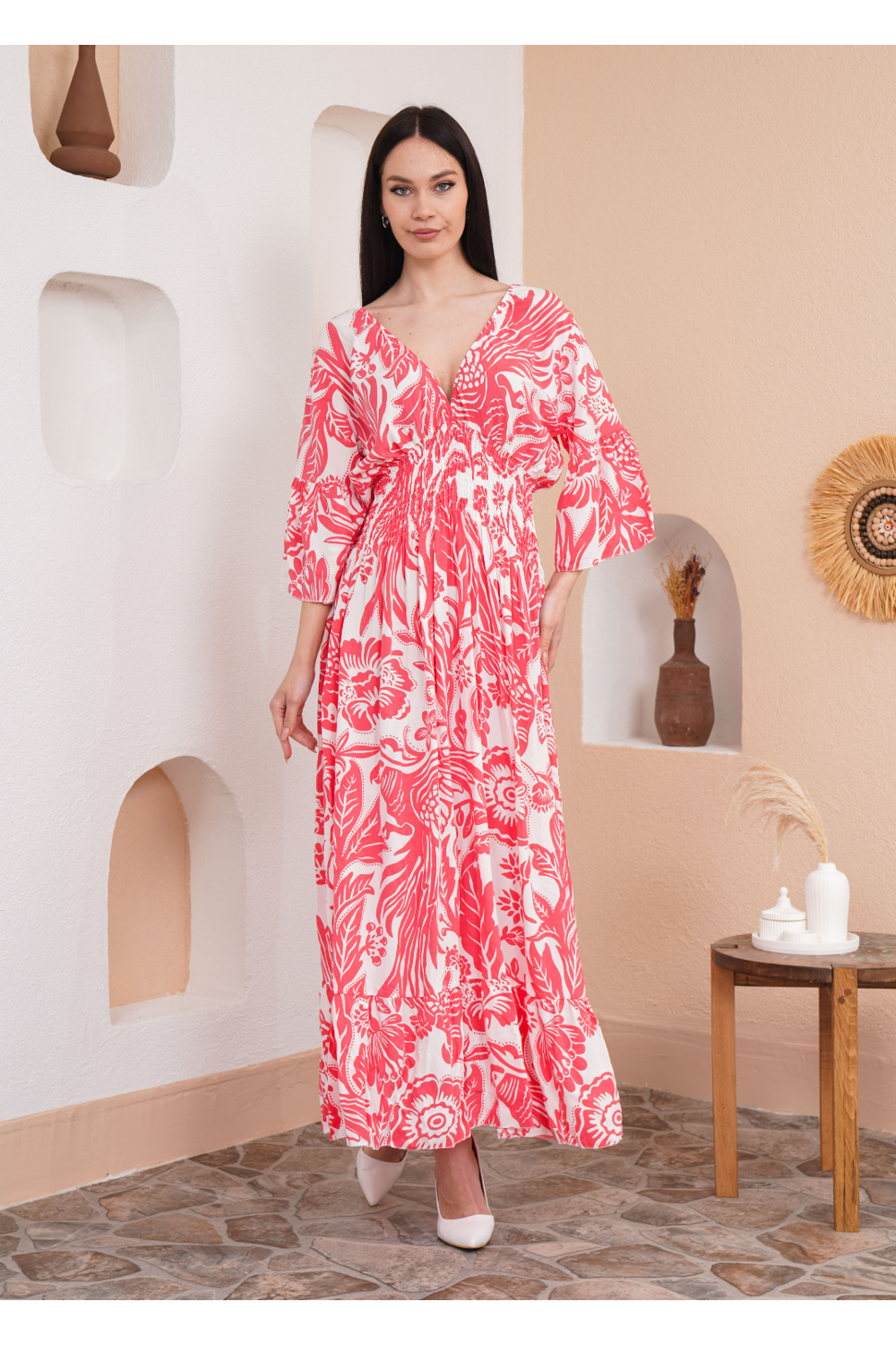 Oversized V Neck Shirred Waist Floral Print Maxi Dress in Coral