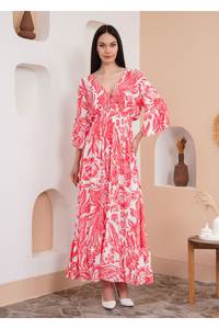 Oversized V Neck Shirred Waist Floral Print Maxi Dress in Coral