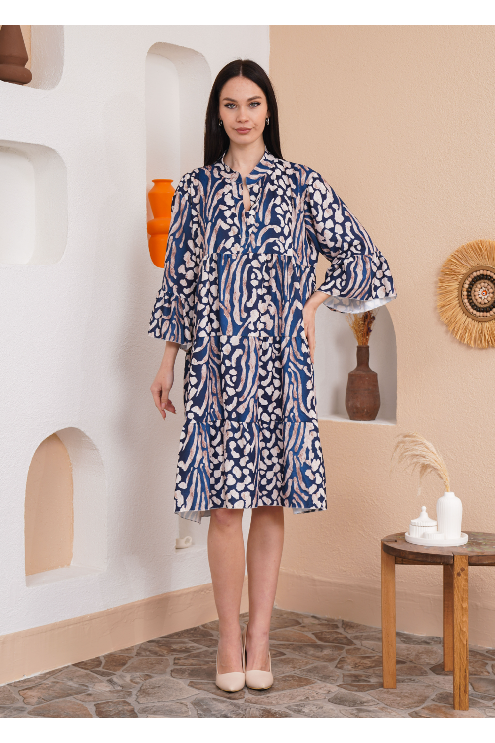 Oversized 3/4 Sleeves Leopard Printed Smock Dress in Navy