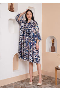 Oversized 3/4 Sleeves Leopard Printed Smock Dress in Navy