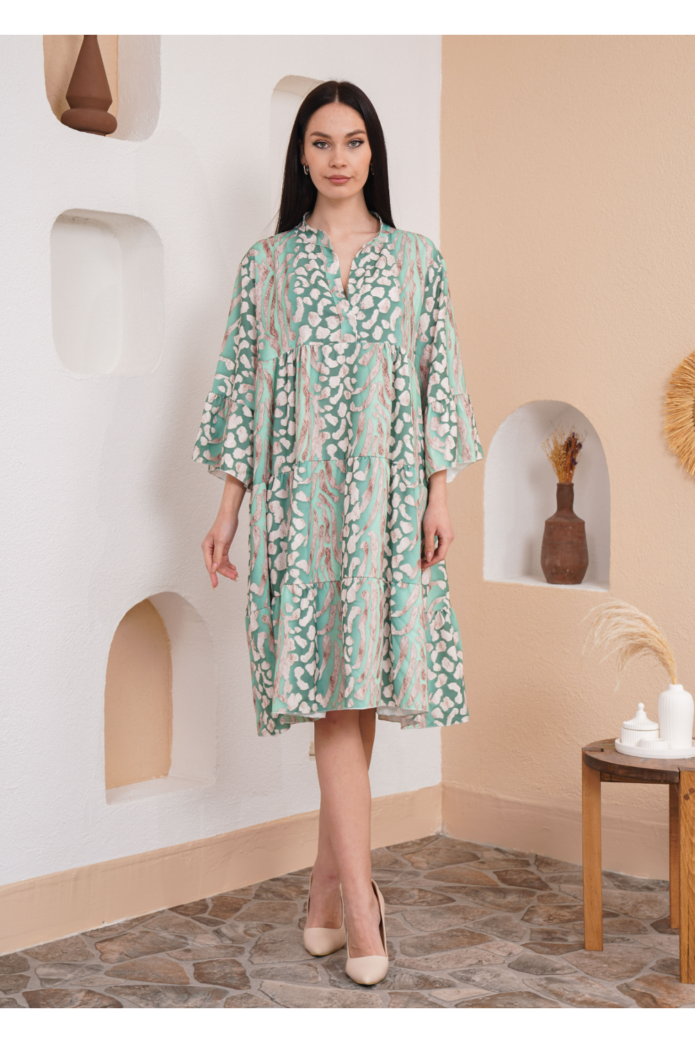 Oversized 3/4 Sleeves Leopard Printed Smock Dress in Green