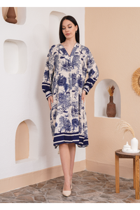 Oversized Long Sleeves Animal Printed Midi Dress in Navy