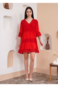 Relaxed Fit 3/4 Sleeves Lace Detailed V Neck Mini Dress in Red