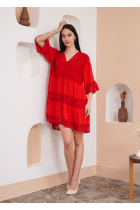 Relaxed Fit 3/4 Sleeves Lace Detailed V Neck Mini Dress in Red