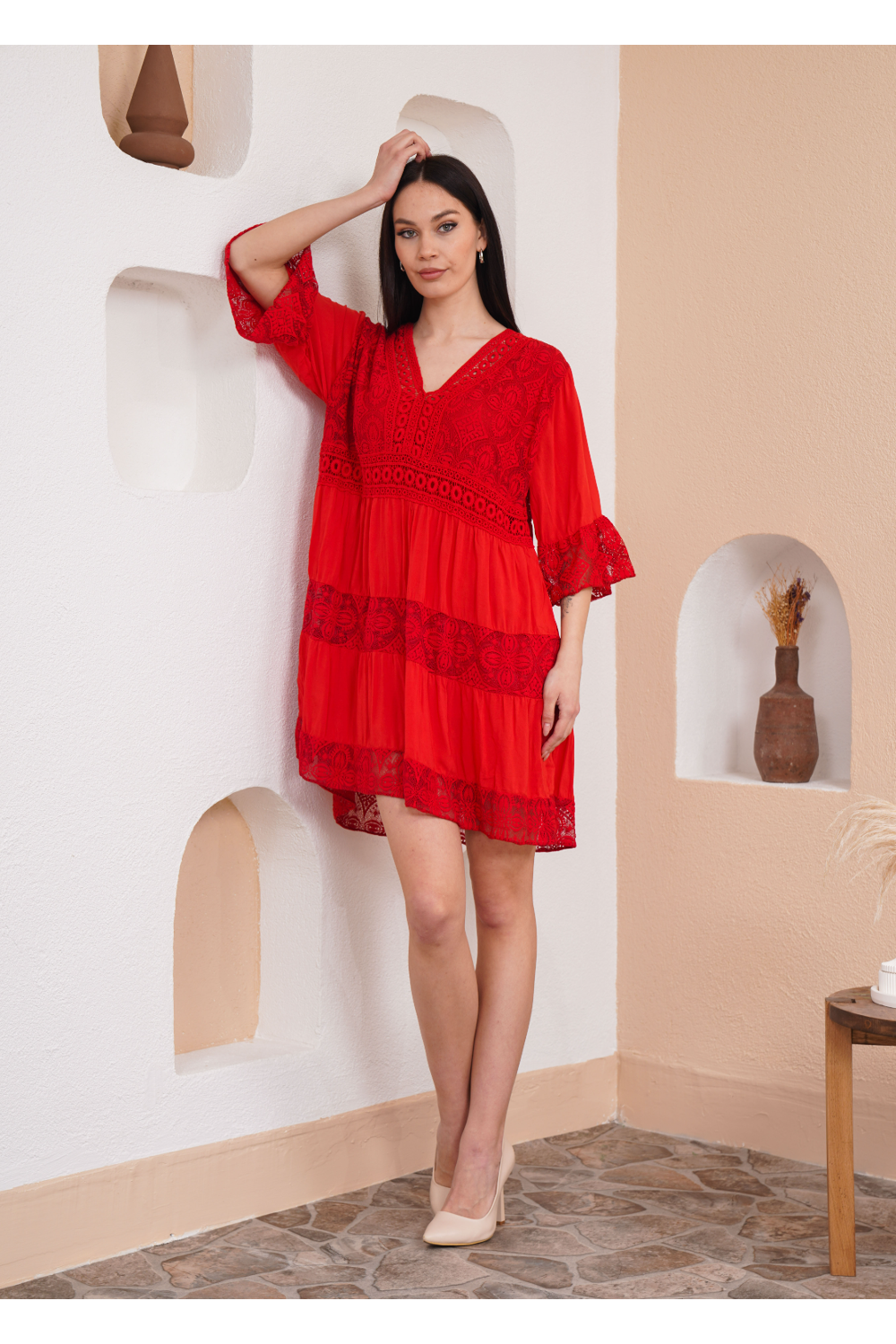 Relaxed Fit 3/4 Sleeves Lace Detailed V Neck Mini Dress in Red