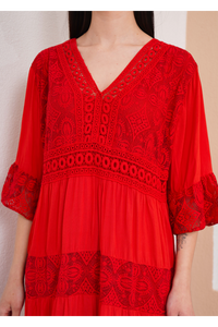 Relaxed Fit 3/4 Sleeves Lace Detailed V Neck Mini Dress in Red