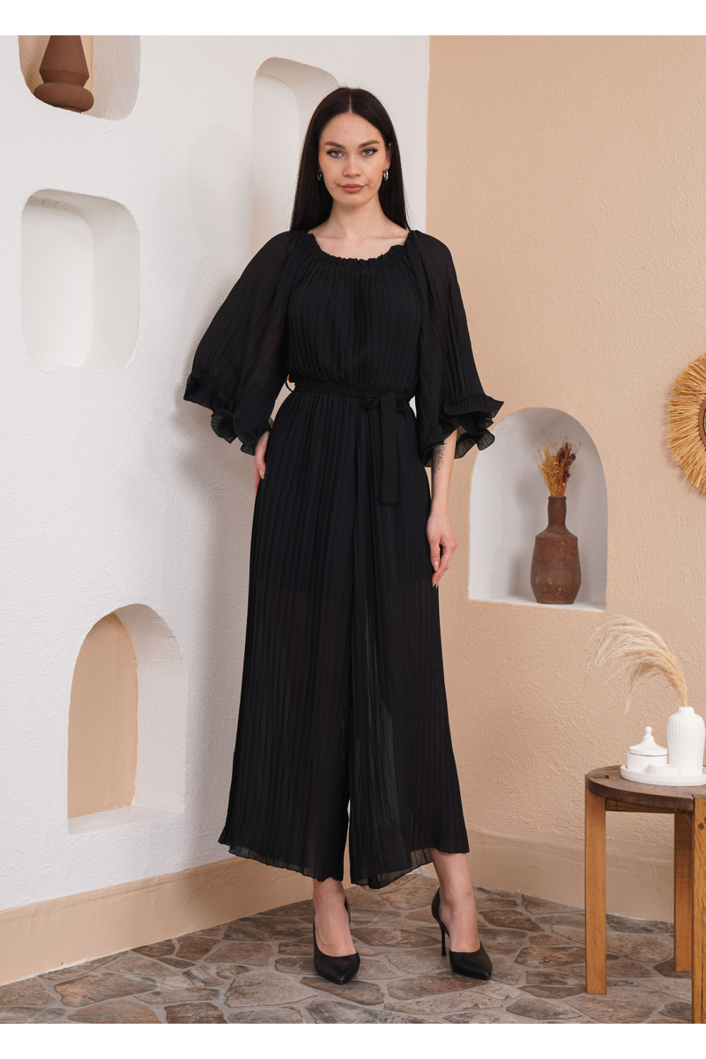 Oversized Wide Sleeves Pleated Jumpsuit with Belt Detail in Black
