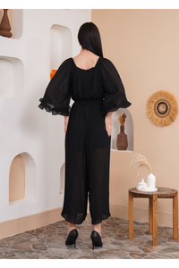 Oversized Wide Sleeves Pleated Jumpsuit with Belt Detail in Black