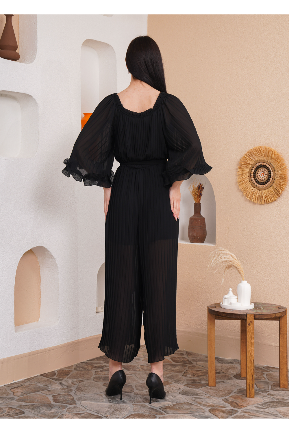 Oversized Wide Sleeves Pleated Jumpsuit with Belt Detail in Black