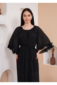Oversized Wide Sleeves Pleated Jumpsuit with Belt Detail in Black