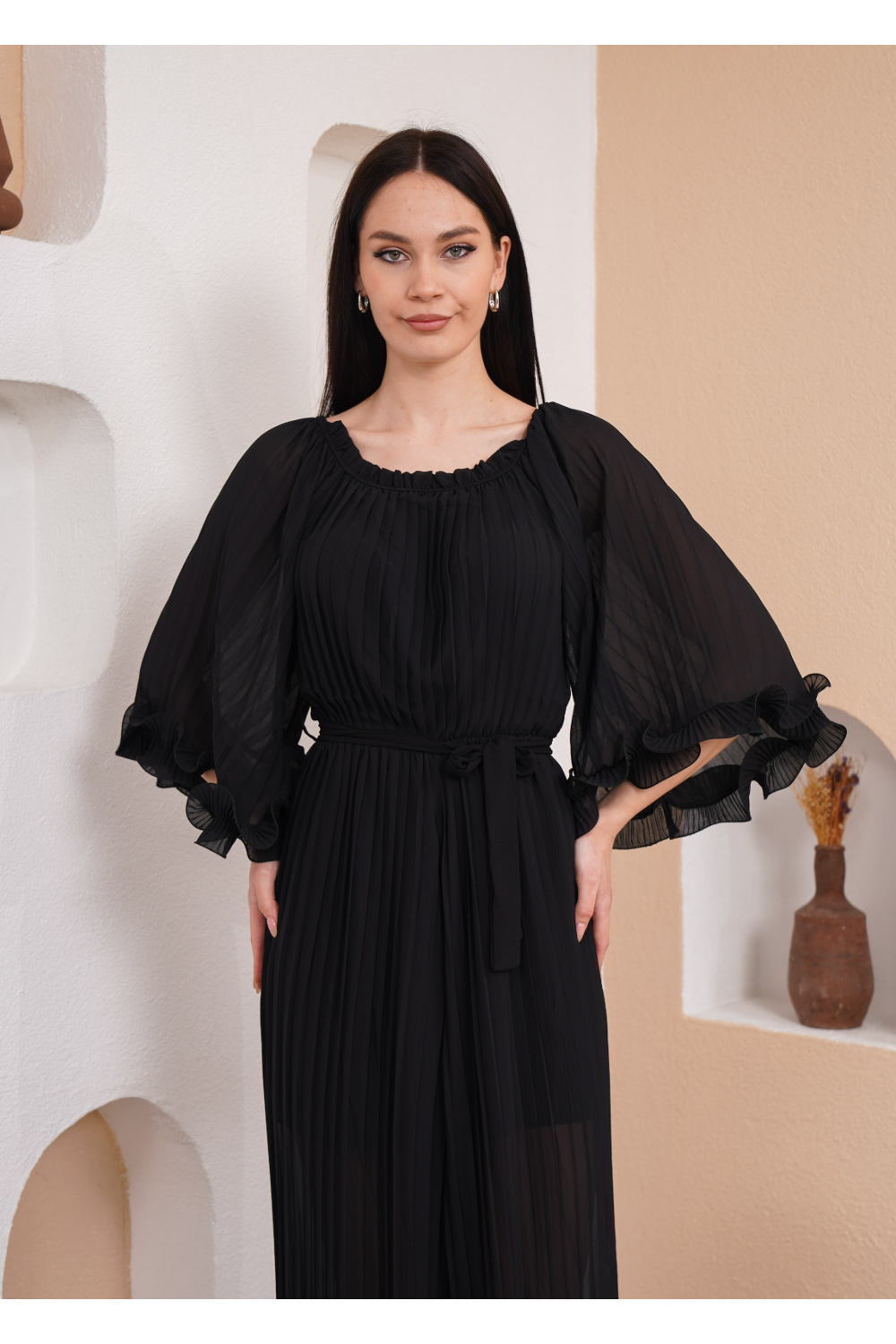 Oversized Wide Sleeves Pleated Jumpsuit with Belt Detail in Black