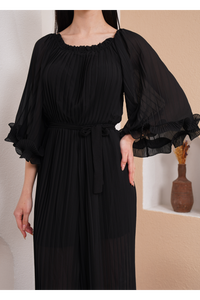 Oversized Wide Sleeves Pleated Jumpsuit with Belt Detail in Black