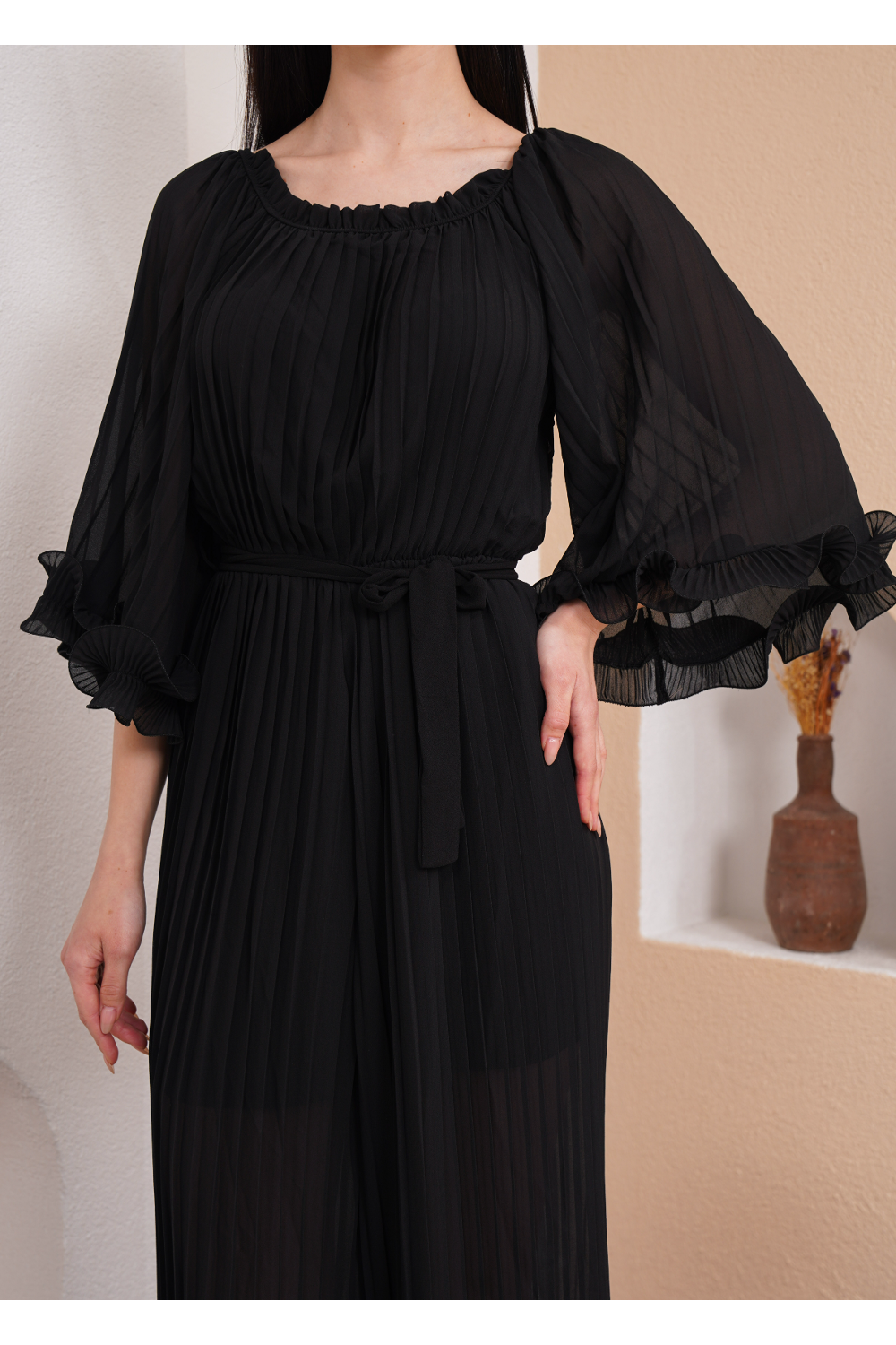 Oversized Wide Sleeves Pleated Jumpsuit with Belt Detail in Black