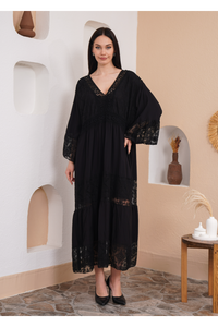 Relaxed Fit 3/4 Sleeves Lace Detailed V Neck Maxi Dress in Black