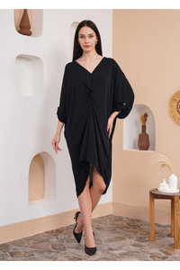 Oversized Twist Front Detailed Button Sleeve Mini Dress in Black Glitter